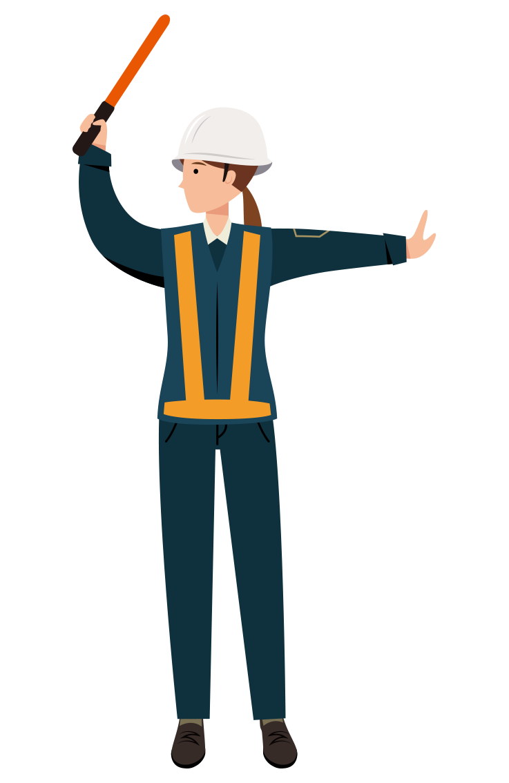 交通整理をする紺色作業服を着た交通誘導員のイラスト-女性