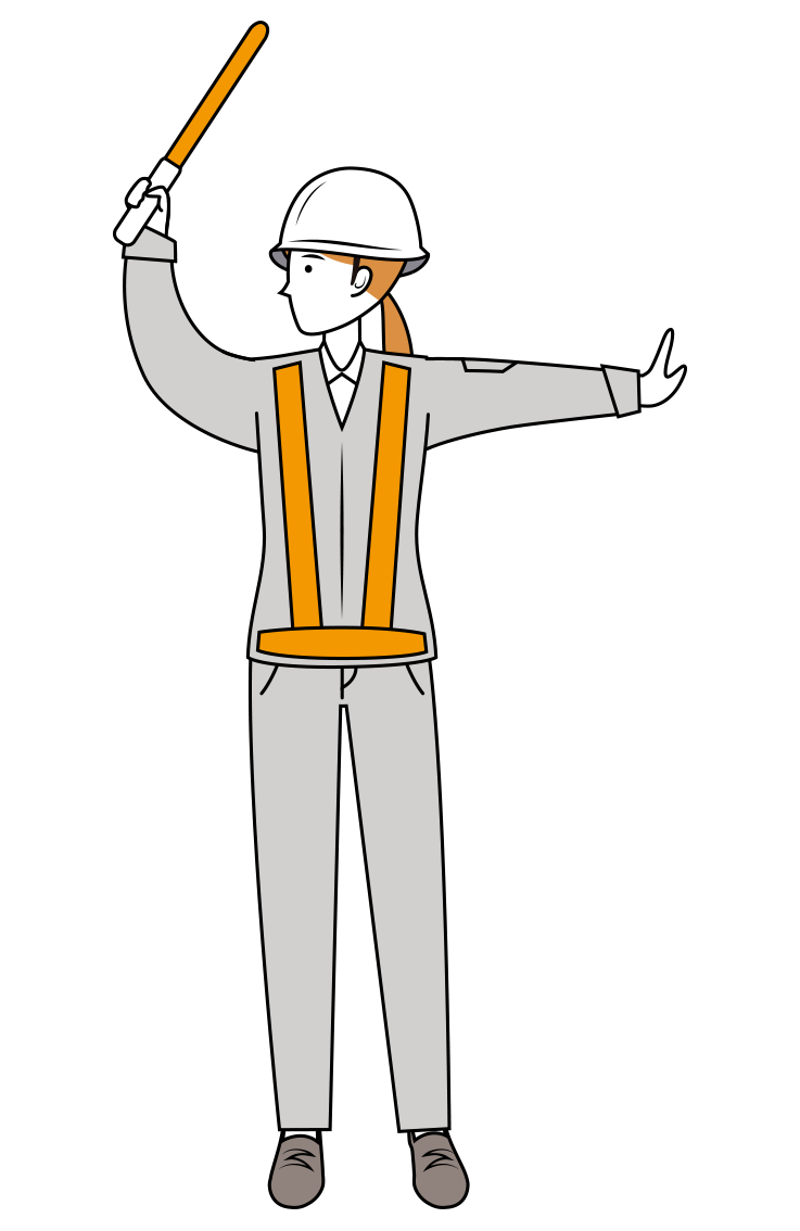 交通整理をする紺色作業服を着た交通誘導員のイラスト-女性