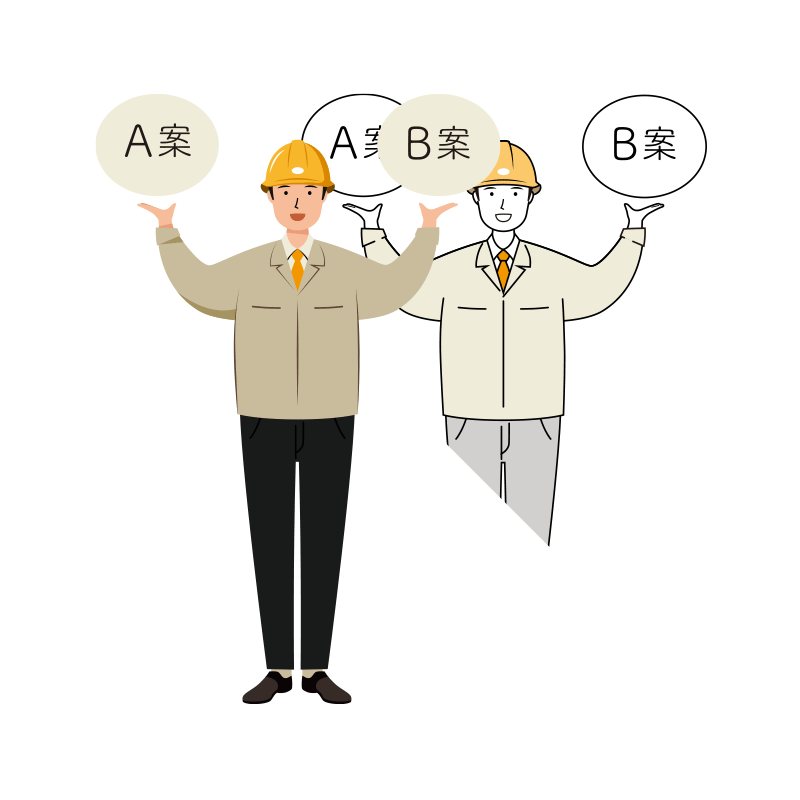 明るい笑顔で企画提案をする安全ヘルメット着用の現場作業員のイラスト