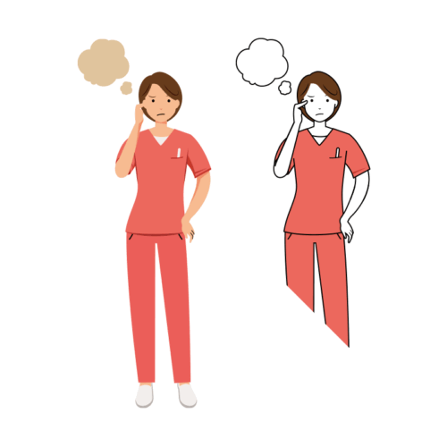 歯科衛生士 イラスト - 看護師・女性・ピンクスクラブ・悩む