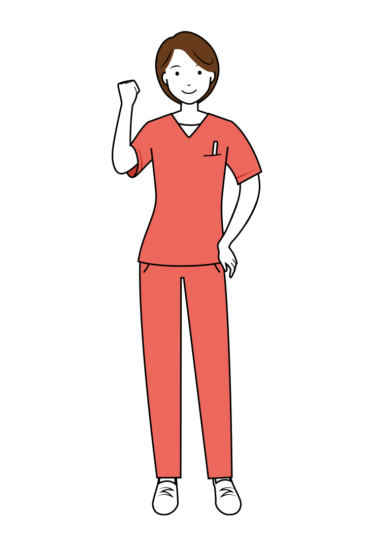 歯科衛生士 イラスト - 看護師・女性・ピンクスクラブ・右手でガッツポーズ・線画