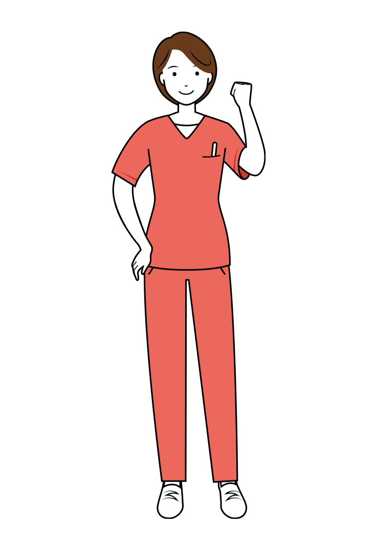 歯科衛生士 イラスト - 看護師・女性・ピンクスクラブ・左手でガッツポーズ・線画