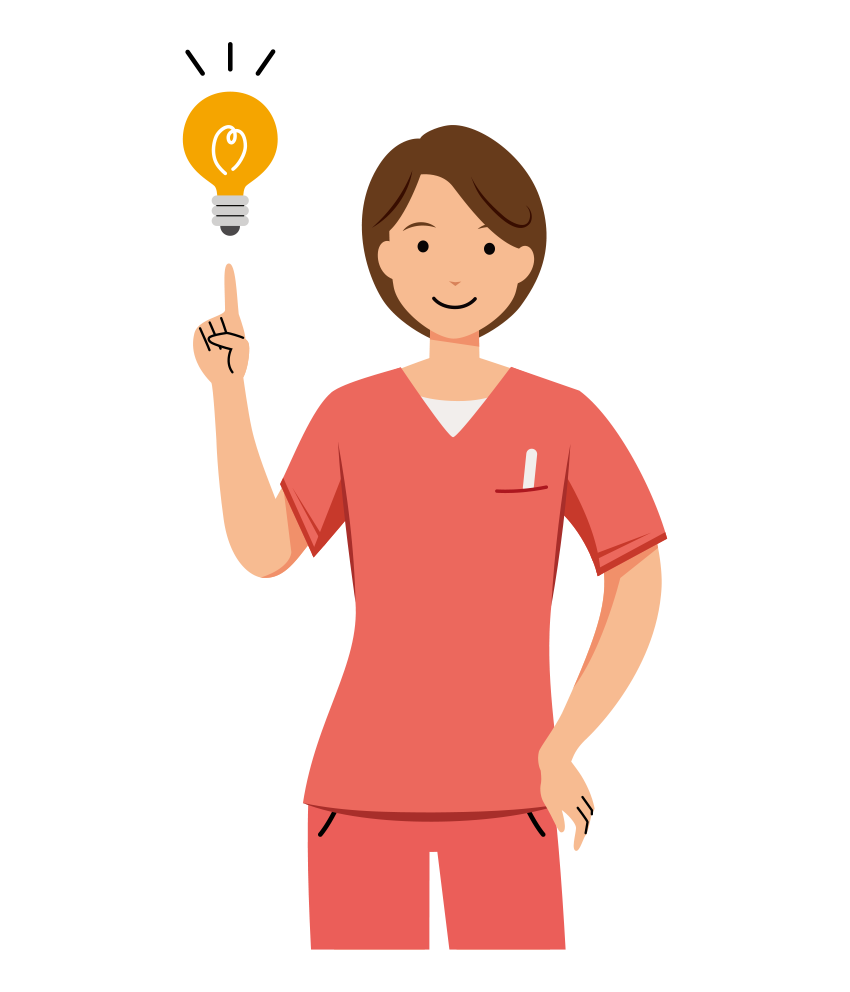 歯科衛生士 イラスト - 看護師・女性・ピンクスクラブ・ひらめき・上半身・塗り