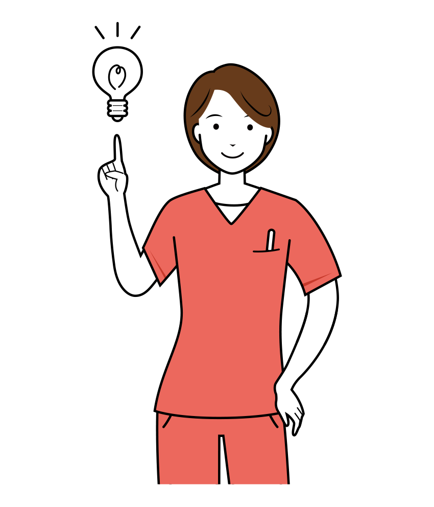 歯科衛生士 イラスト - 看護師・女性・ピンクスクラブ・ひらめき・上半身・線画