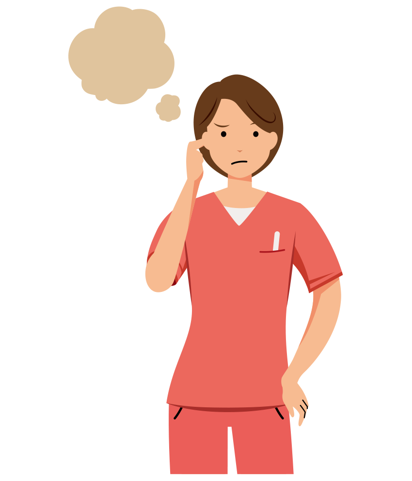 ピンクのスクラブ服を着用した、ショートヘアの女性歯科衛生士が、が疑問に思い悩んでいる上半身のイラストです。｜イラストれいと
