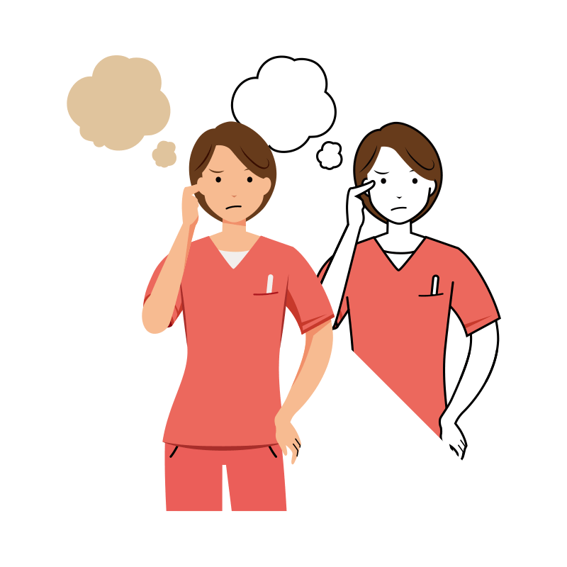 歯科衛生士 イラスト - 看護師・女性・ピンクスクラブ・悩む・上半身