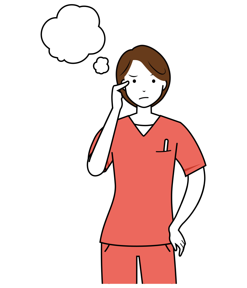 歯科衛生士 イラスト - 看護師・女性・ピンクスクラブ・悩む・上半身・線画