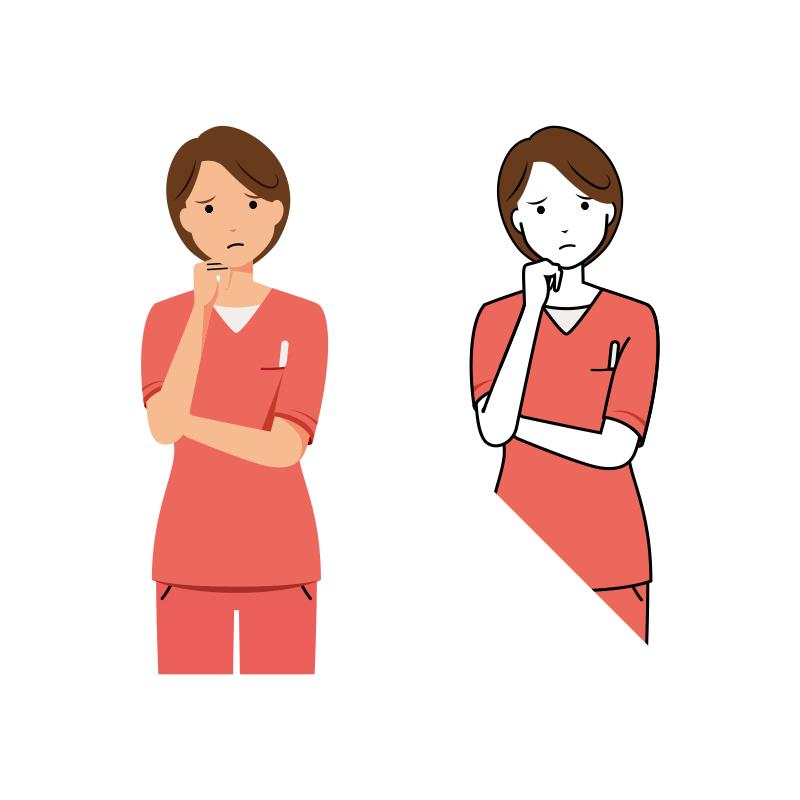 歯科衛生士 イラスト - 看護師・女性・ピンクスクラブ・考える・上半身｜イラストれいと