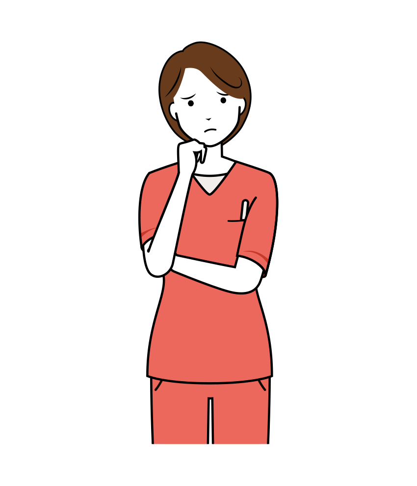 歯科衛生士 イラスト - 看護師・女性・ピンクスクラブ・考える・上半身・線画｜イラストれいと