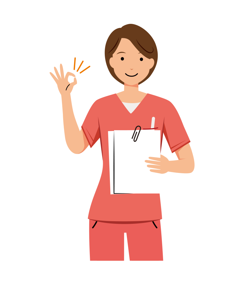 歯科衛生士 イラスト - 看護師・女性・ピンクスクラブ・OKサイン・上半身・塗り | イラストれいと