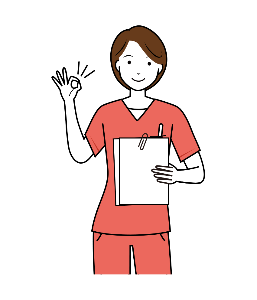 歯科衛生士 イラスト - 看護師・女性・ピンクスクラブ・OKサイン・上半身・線画 | イラストれいと