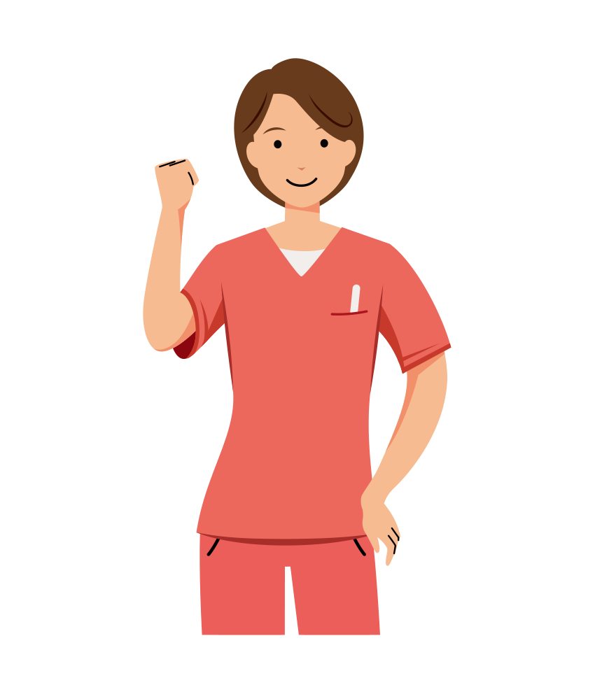 歯科衛生士 イラスト - 看護師・女性・ピンクスクラブ・右手でガッツポーズ・上半身・塗り | イラストれいと
