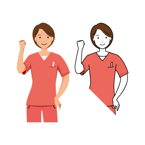 歯科衛生士 イラスト - 看護師・女性・ピンクスクラブ・右手でガッツポーズ・上半身 | イラストれいと