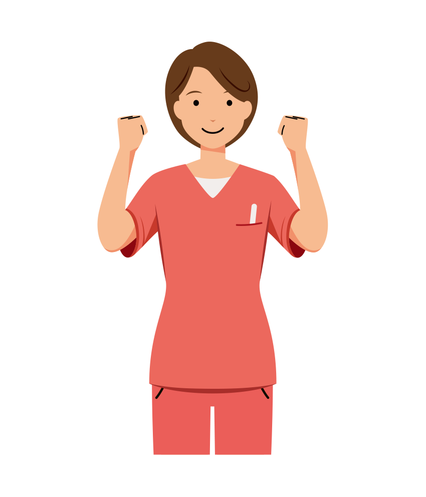 歯科衛生士 イラスト - 看護師・女性・ピンクスクラブ・両手でガッツポーズ・上半身・塗り | イラストれいと