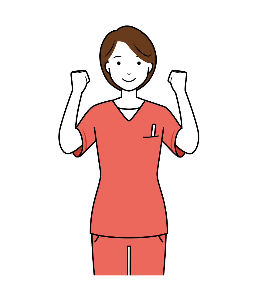 歯科衛生士 イラスト - 看護師・女性・ピンクスクラブ・両手でガッツポーズ・上半身・線画 | イラストれいと
