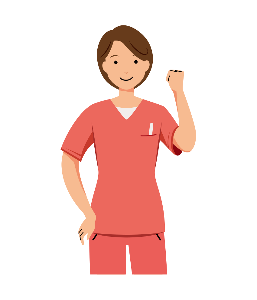 歯科衛生士 イラスト - 看護師・女性・ピンクスクラブ・左手でガッツポーズ・上半身・塗り | イラストれいと