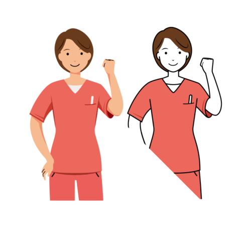 歯科衛生士 イラスト - 看護師・女性・ピンクスクラブ・左手でガッツポーズ・上半身 | イラストれいと