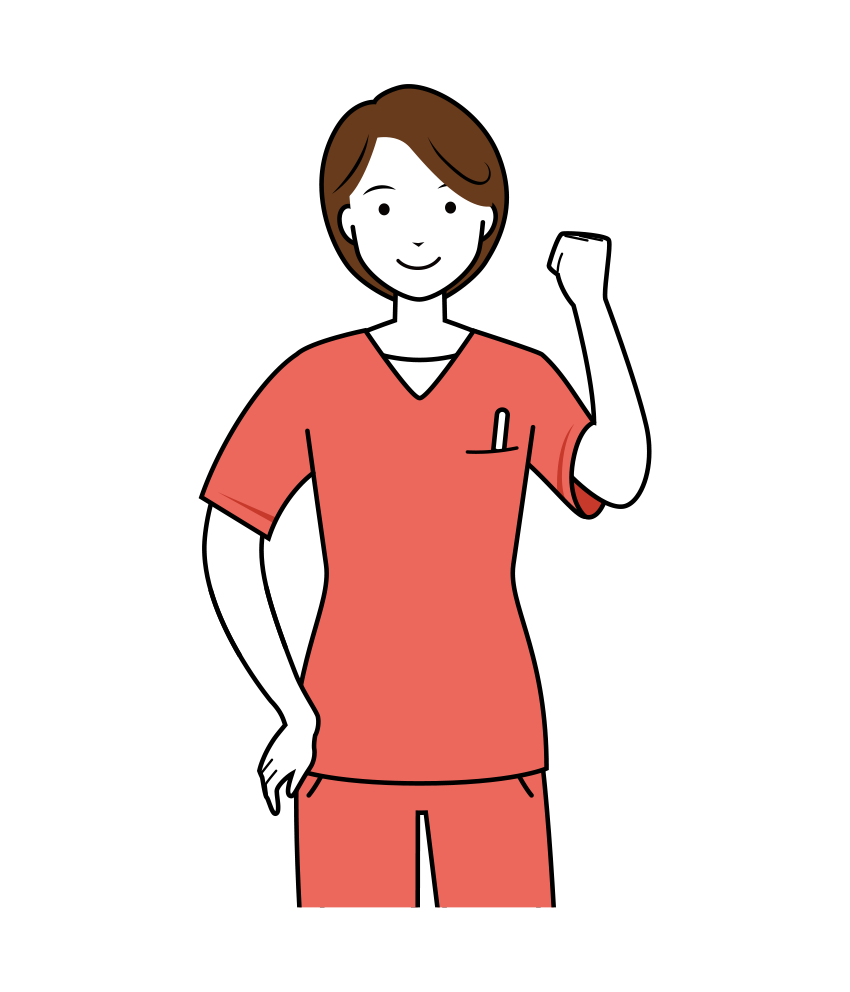 歯科衛生士 イラスト - 看護師・女性・ピンクスクラブ・左手でガッツポーズ・上半身・線画 | イラストれいと