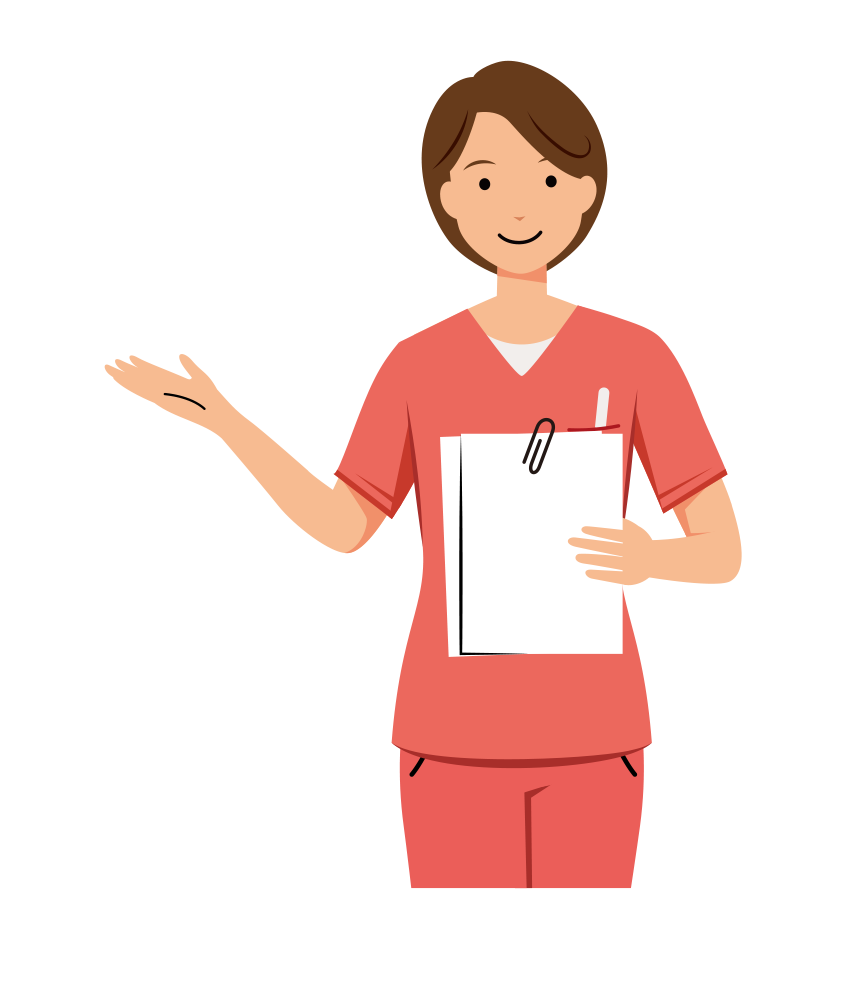 歯科衛生士 イラスト - 看護師・女性・案内・カルテ・ピンクスクラブ・上半身・塗り | イラストれいと
