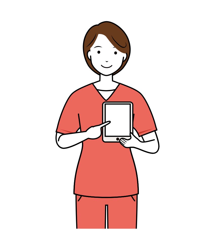 歯科衛生士 イラスト - 看護師・女性・業務用タブレット・ピンクスクラブ・上半身・線画 | イラストれいと