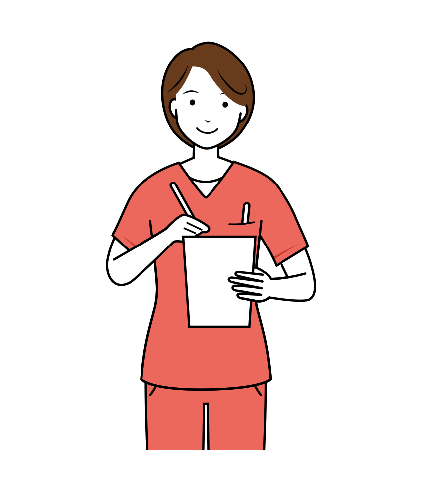 歯科衛生士 イラスト - 看護師・女性・メモ・ピンクスクラブ・上半身・線画 | イラストれいと