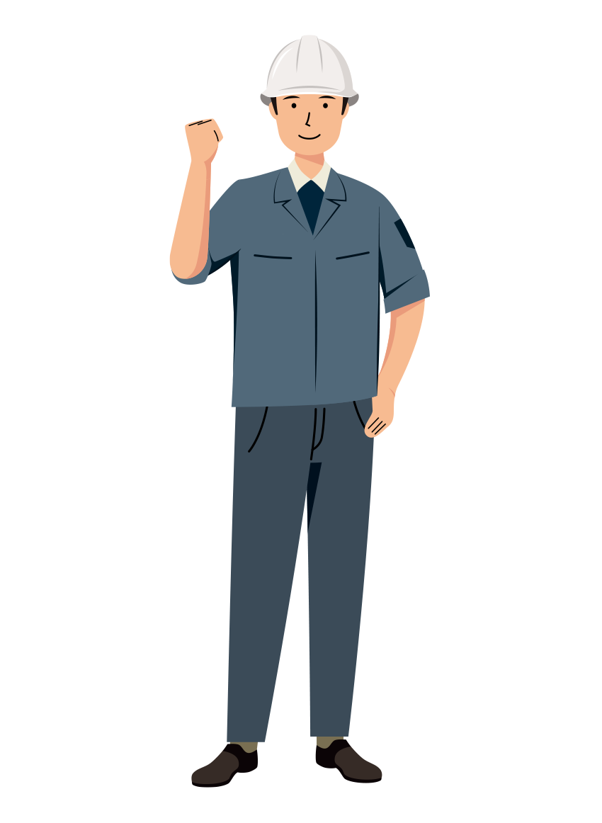 ガッツポーズをしている、安全ヘルメット着用の現場監督のイラスト（塗り） | イラストれいと
