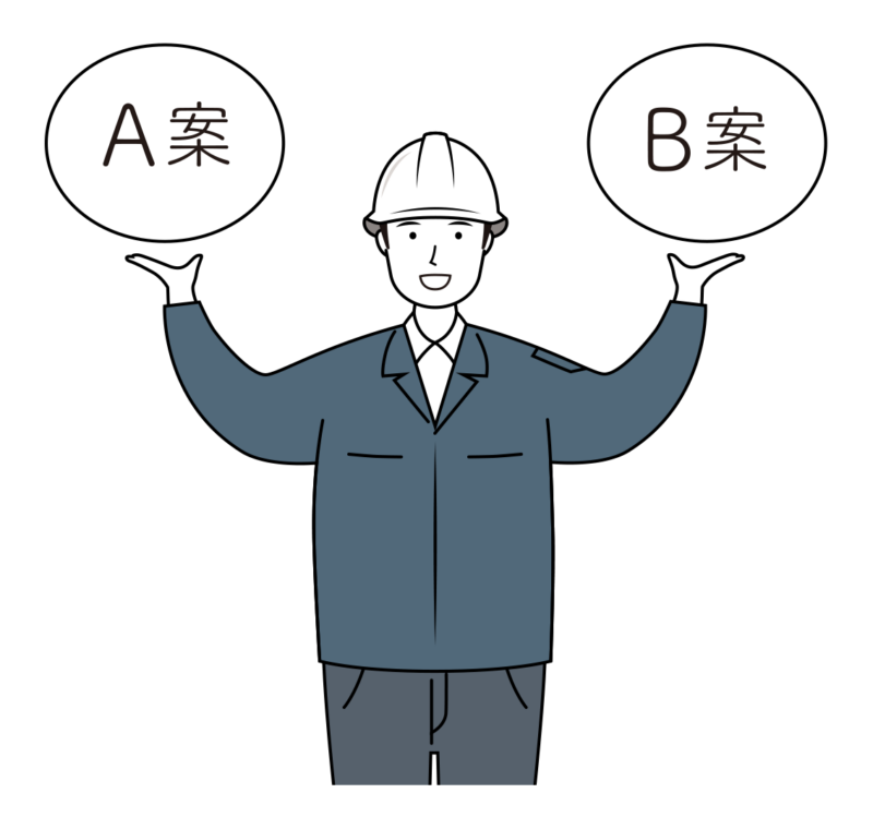 現場監督 イラスト - 男性・プラン提示・笑顔・白ヘルメット・上半身・線画 | イラストれいと