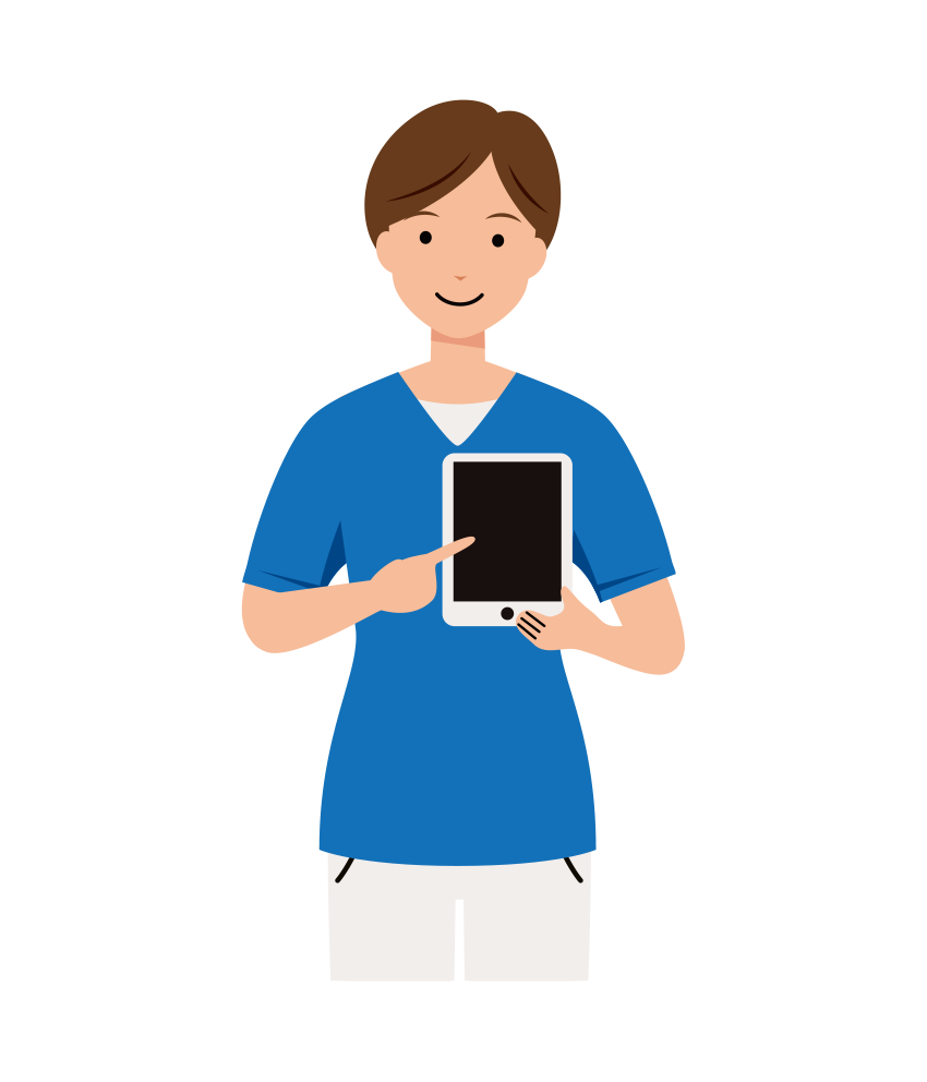 業務用タブレットを使い説明している女性看護師のイラスト（上半身）