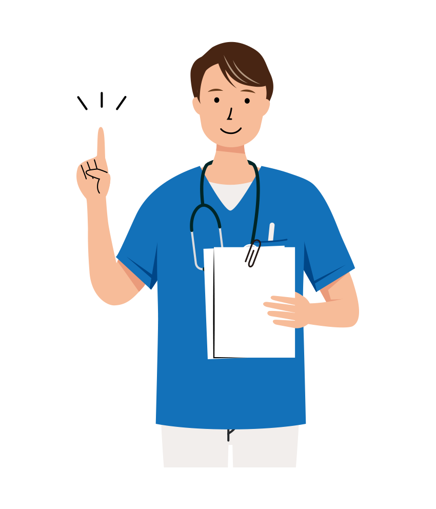 カルテを持ち説明している男性看護師（上半身）のイラストです。