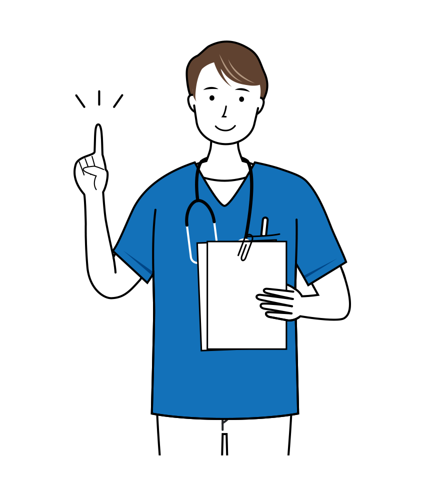 カルテを持ち説明している男性看護師（上半身）のイラストです。