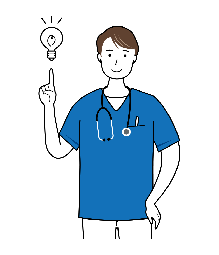 新しい「ひらめきを」した瞬間の男性看護師のイラスト