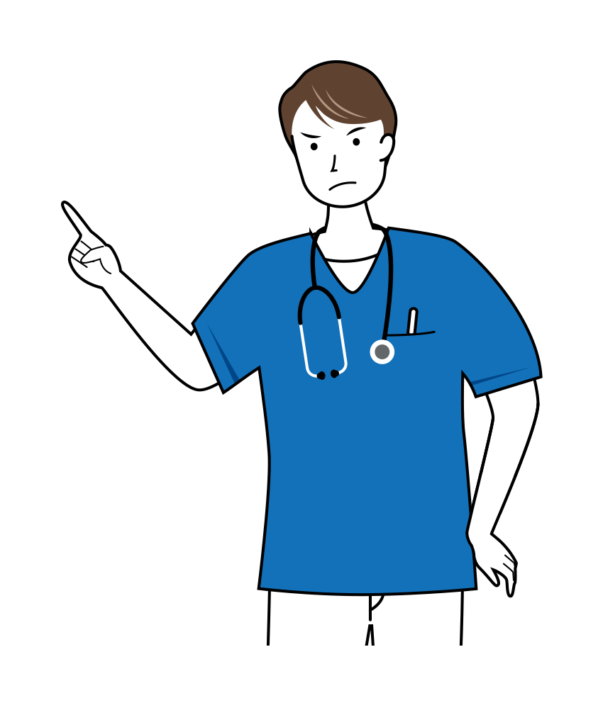 厳しく指摘をする男性、看護師のイラスト（上半身）