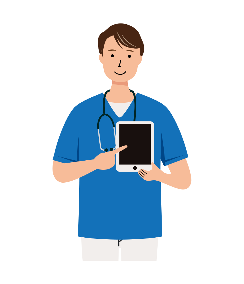 業務用タブレットを使い説明している男性看護師のイラスト（上半身）