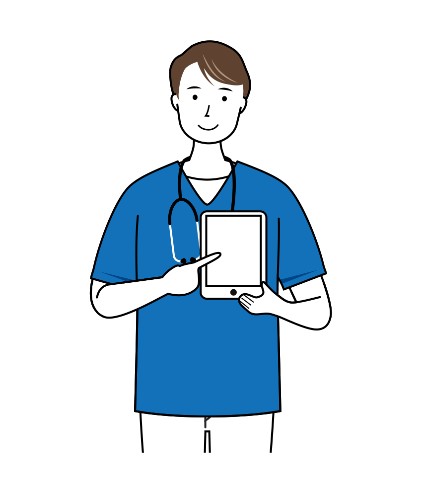業務用タブレットを使い説明している男性看護師のイラスト（上半身）