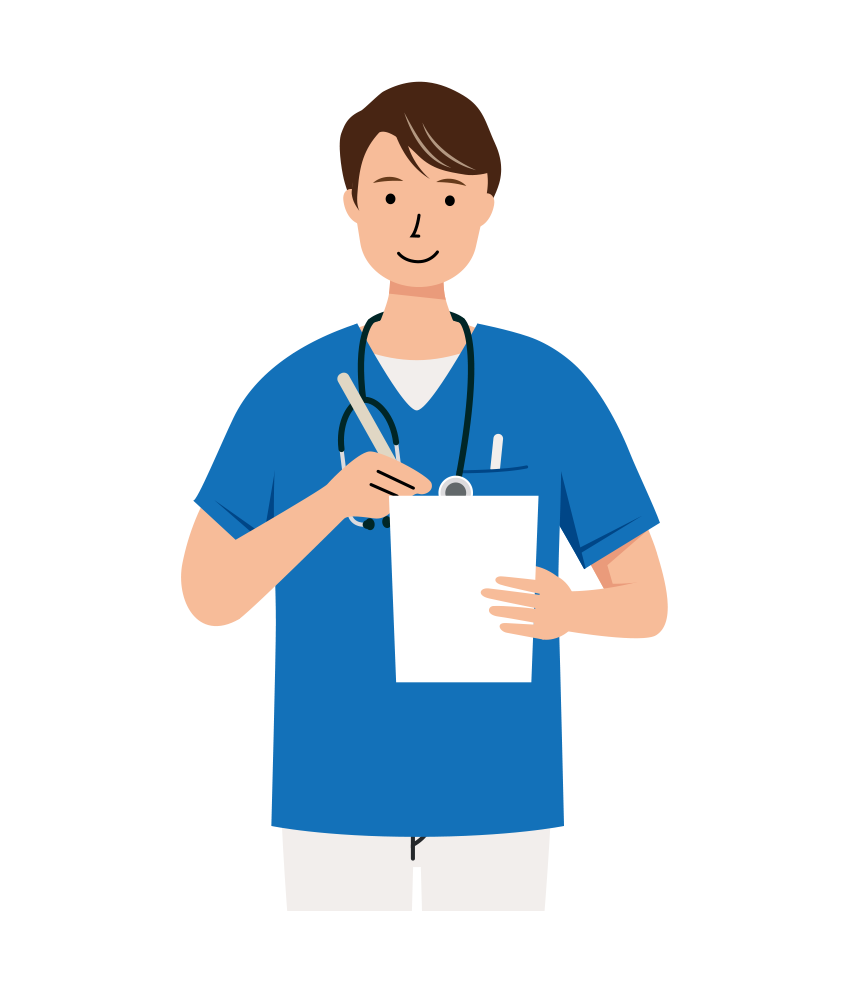患者さんの意見を聞き、メモをとっている男性看護師のイラスト（上半身）