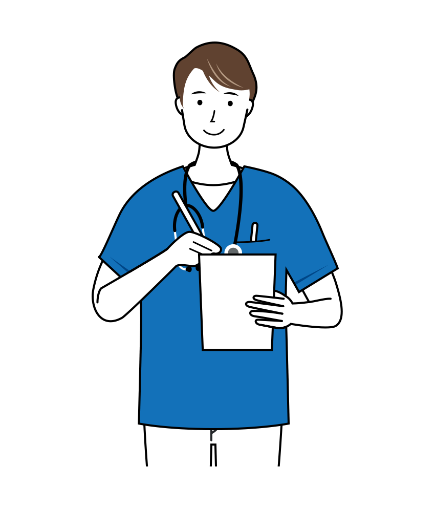 患者さんの意見を聞き、メモをとっている男性看護師のイラスト（上半身）