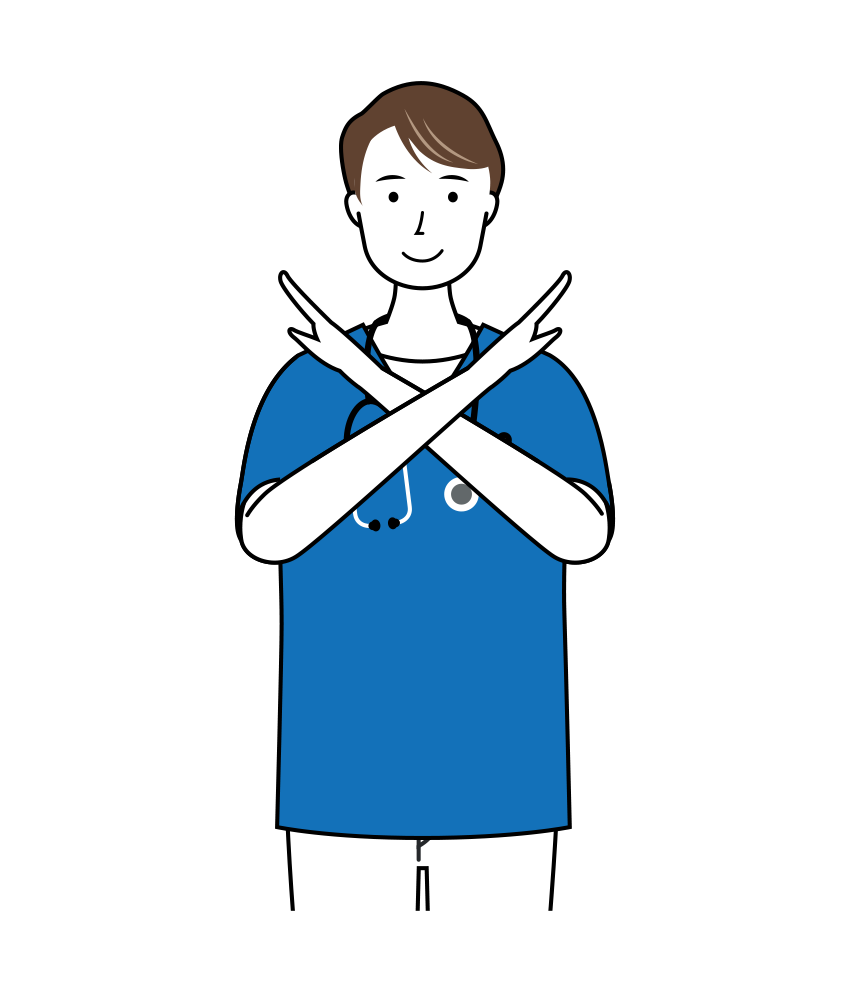 バツのサインを出している男性看護師のイラスト（上半身）