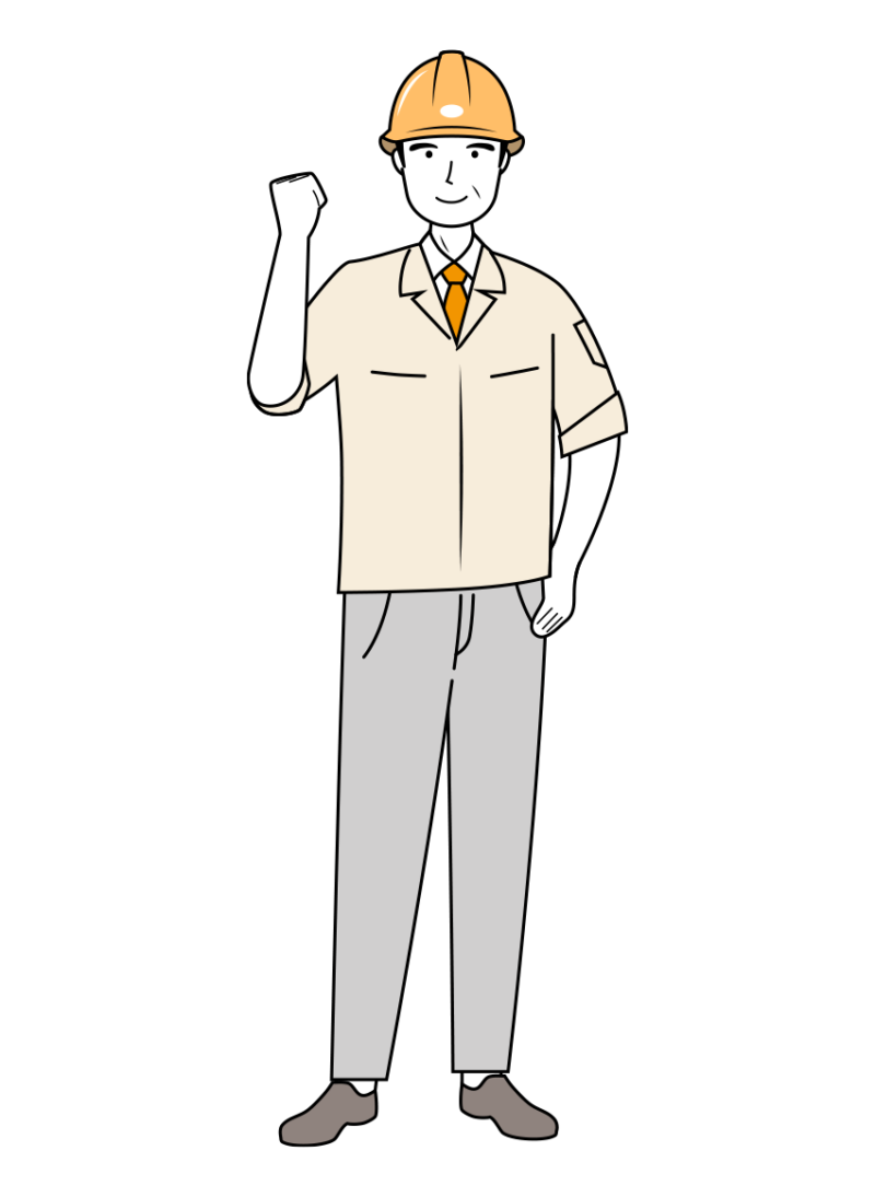 現場監督 (Site Supervisor) イラスト - シニア・ガッツポーズ・黄色ヘルメット・線画 | イラストれいと