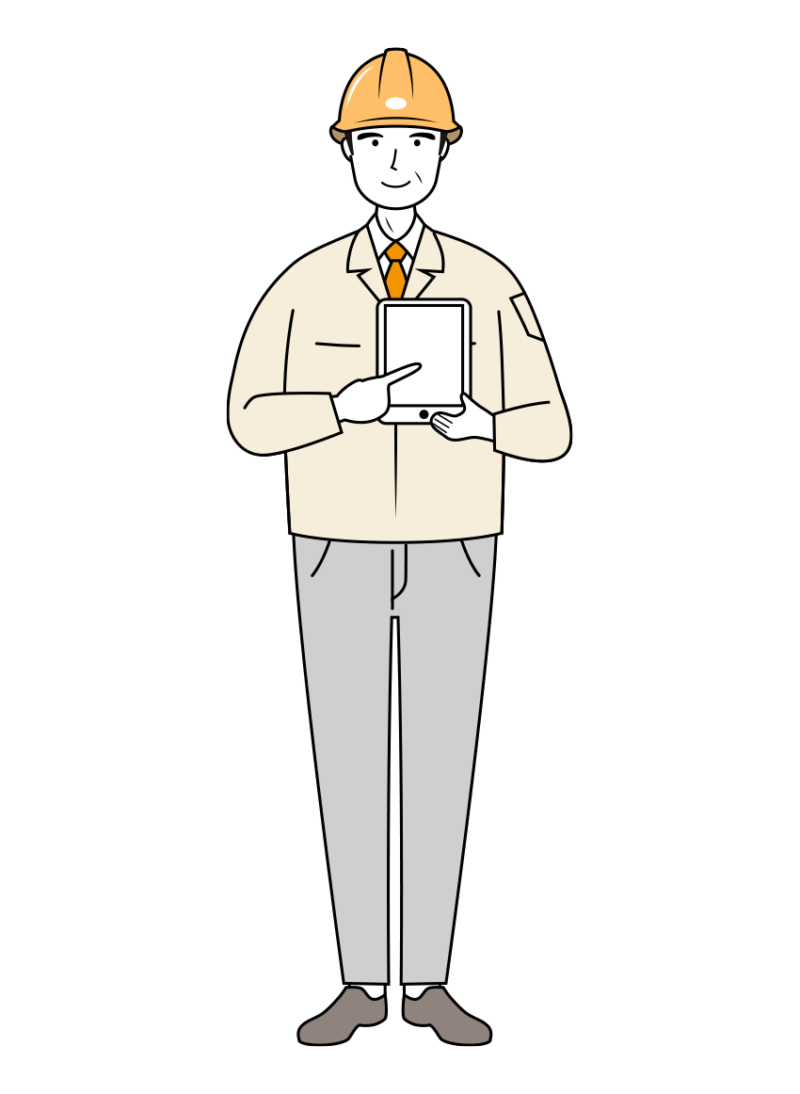 現場監督 (Site Supervisor) イラスト - シニア・タブレット・黄色ヘルメット・線画 | イラストれいと