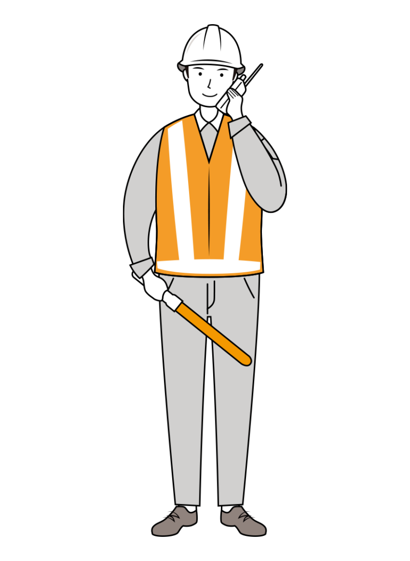 交通誘導員 イラスト - 男性・無線連絡・反射ベスト・全身・線画 | イラストれいと