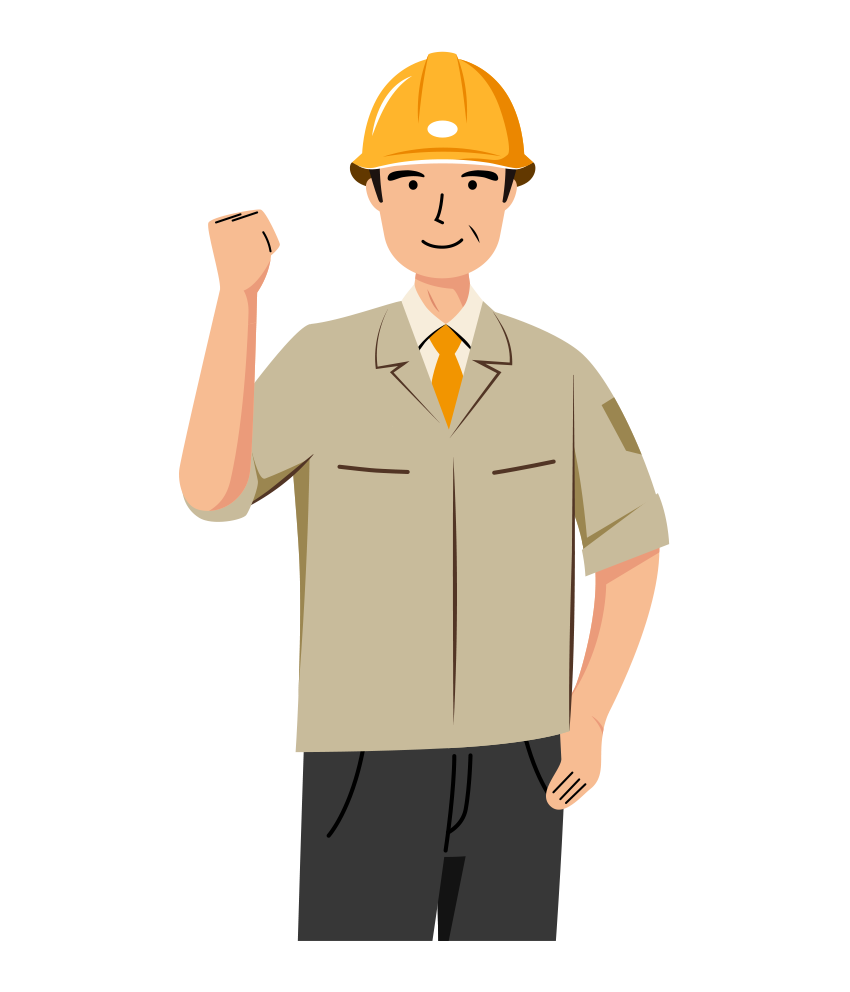 現場監督 イラスト - シニア・ガッツポーズ・黄色ヘルメット・上半身・塗り | イラストれいと