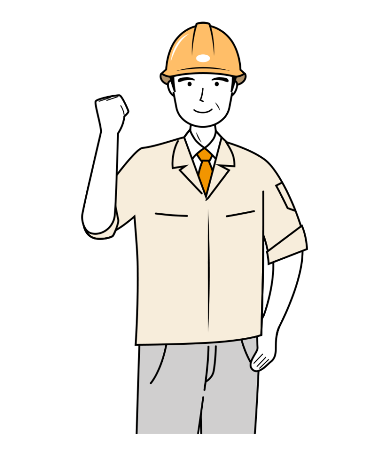 現場監督 イラスト - シニア・ガッツポーズ・黄色ヘルメット・上半身・線画 | イラストれいと