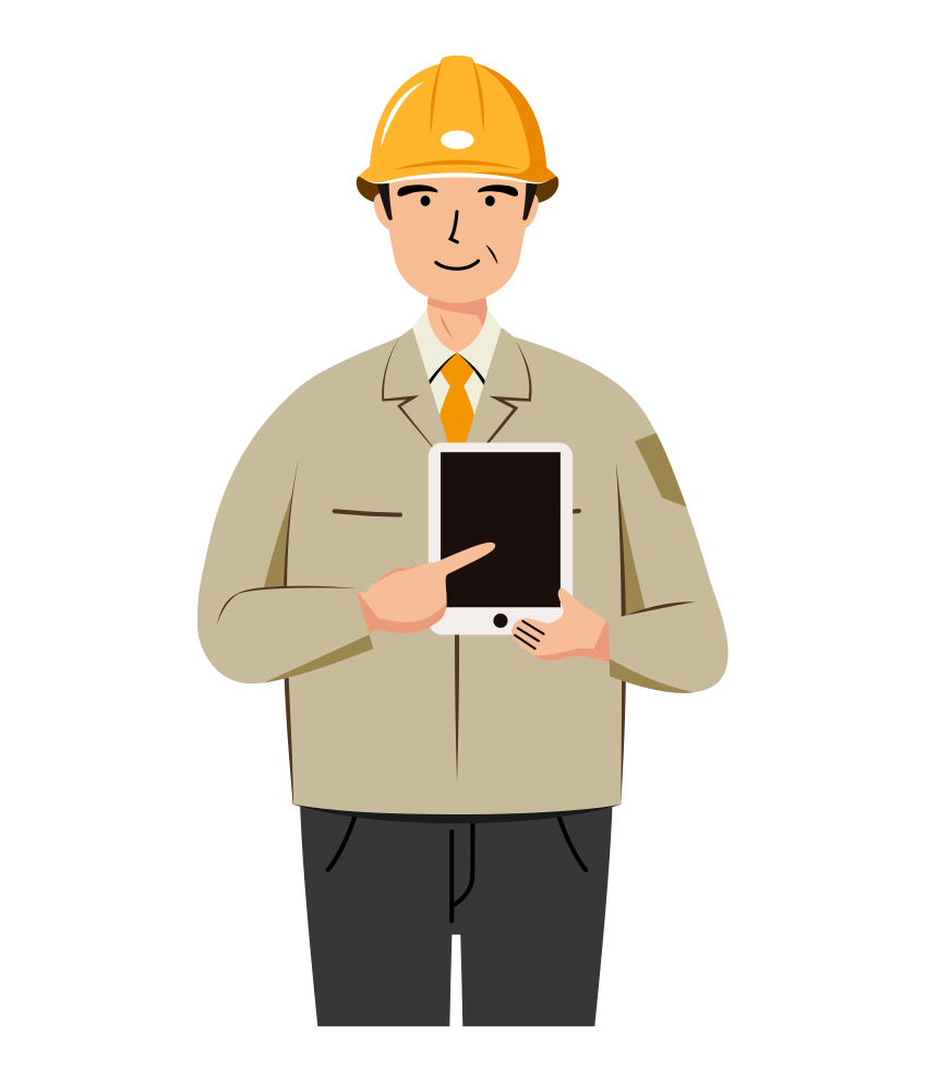 現場監督 イラスト - シニア・タブレット・黄色ヘルメット・上半身・塗り | イラストれいと