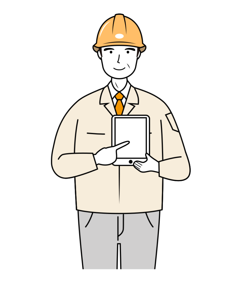 現場監督 イラスト - シニア・タブレット・黄色ヘルメット・上半身・線画 | イラストれいと
